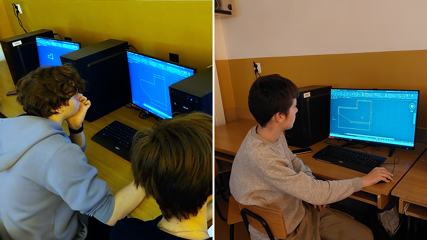 Uczniowie rysujący i wymiarujacy proste kształty w AtoCadzie