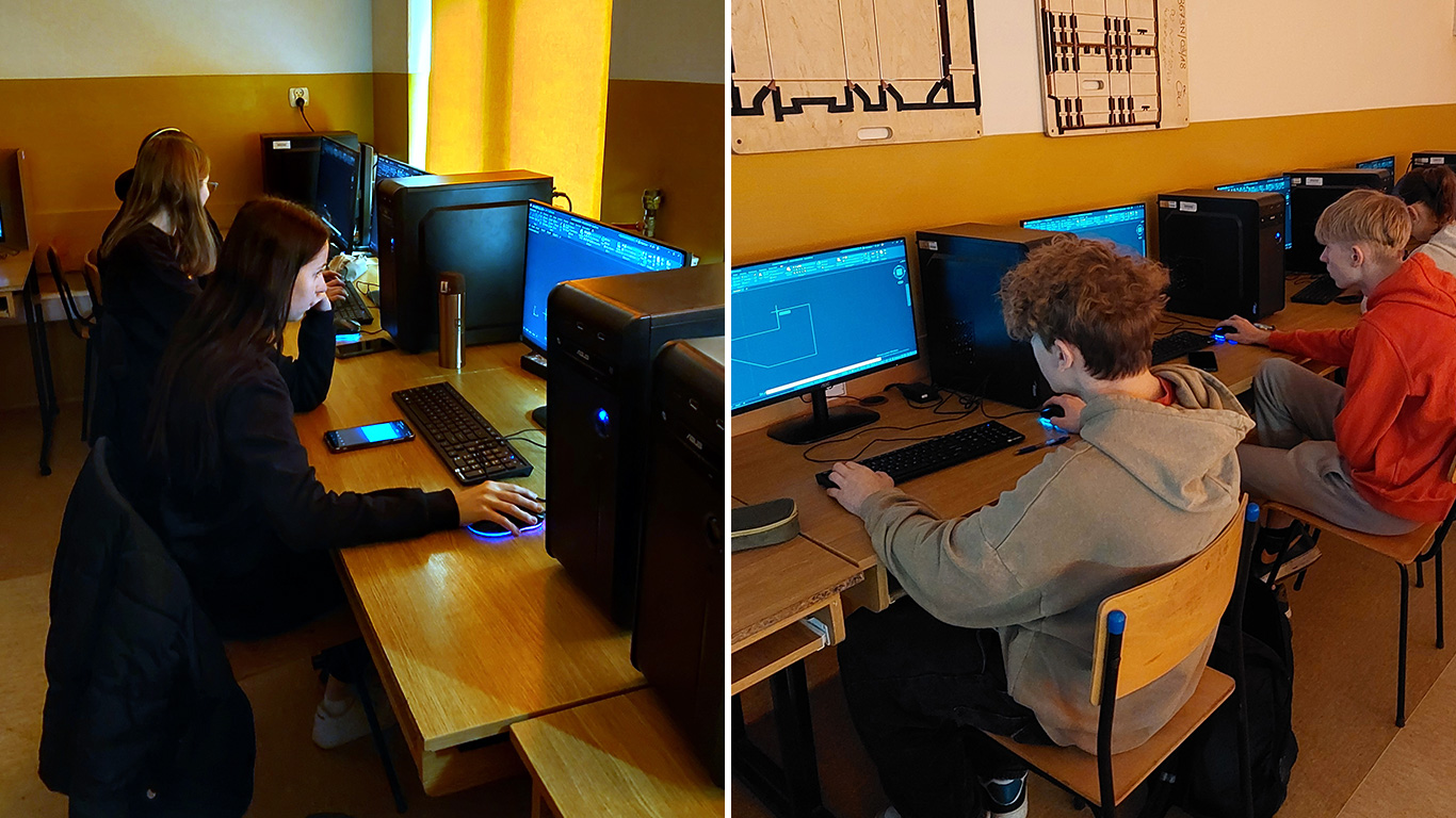 Uczniowie rysujący proste kształty w AtoCadzie