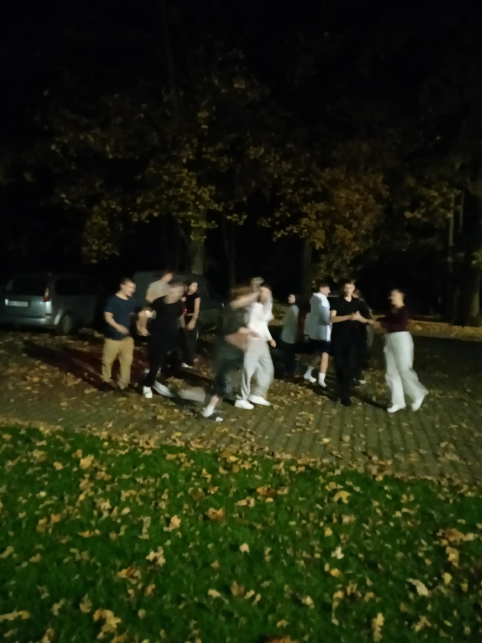 Grupa młodych ludzi stoi lub tańczy w kole na zewnątrz. Jest ciemno, a na ziemi leżą opadłe jesienne liście. W tle widać drzewa i samochody. Wszyscy wydają się być w ruchu i dobrze się bawić.