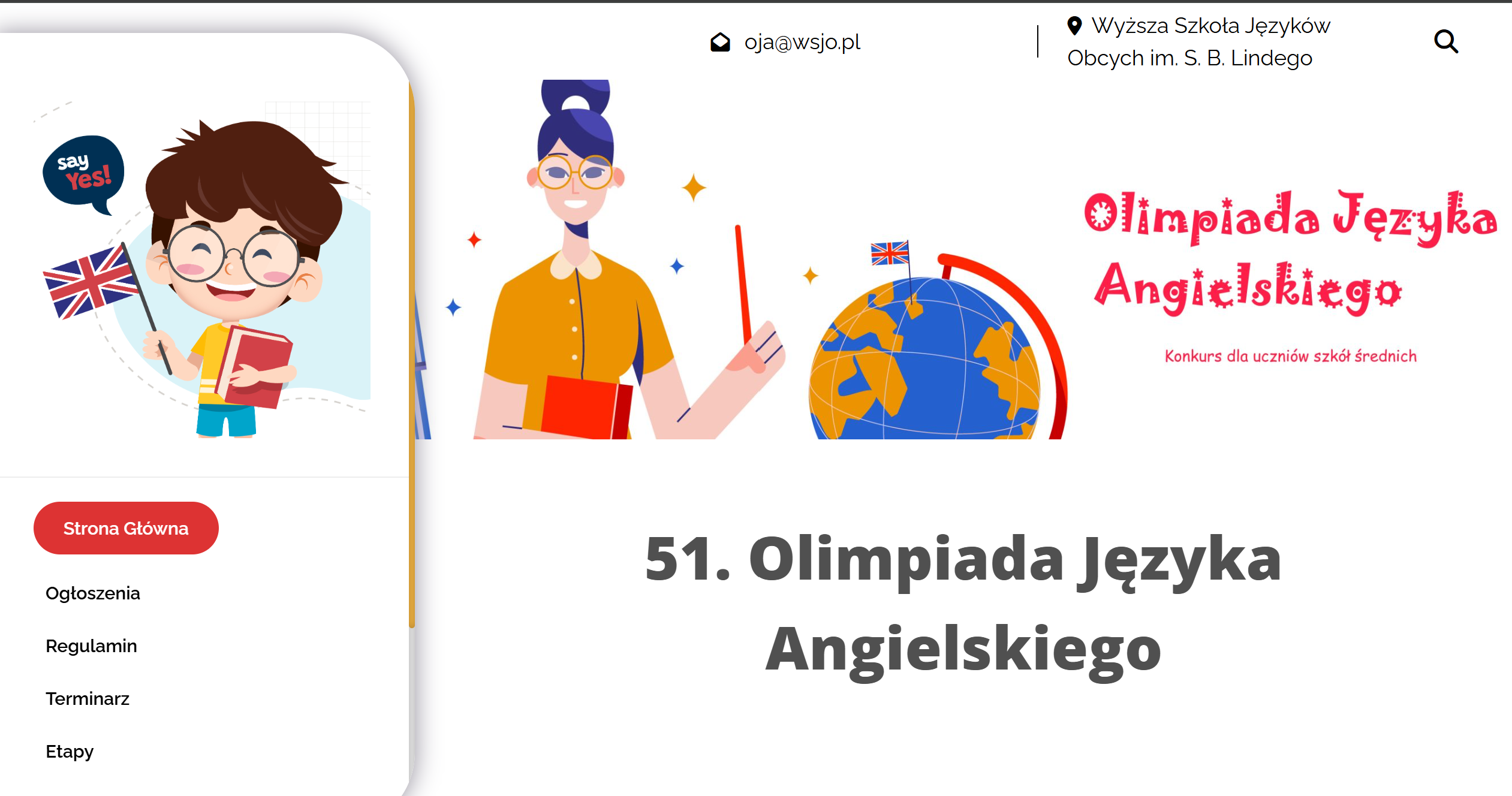 Logo przedstawia stronę Olimpiady Języka Angielskiego 2026/ 2027.