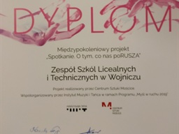 Podziękowania dla ZSLiT w Wojniczu za udział w Międzypokoleniowym projekcie „Spotkanie. O tym, co nas porusza”